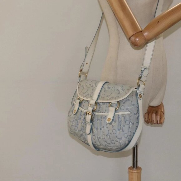 CELINE C Macadam Canvas Shoulder Bag Blue Gold Auth - Picture 1 of 16